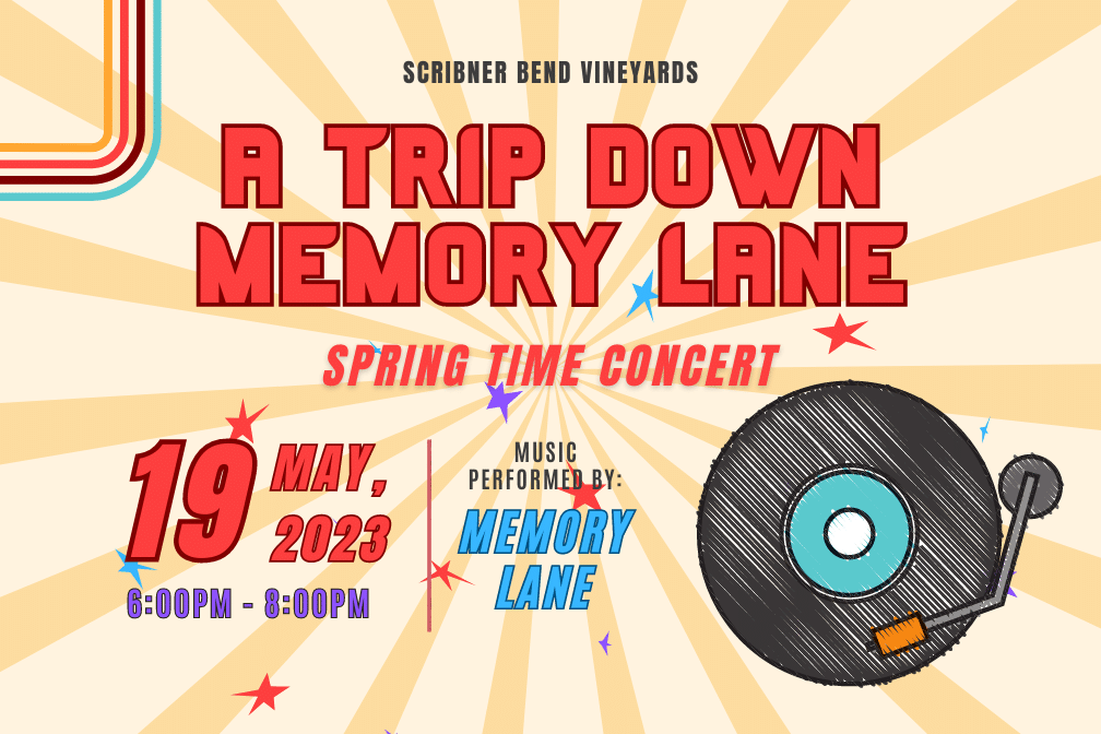 Outdoor Evening Spring Concert Friday May 19, 2023 from 6:00-8:00pm at Scribner Bend Vineyards